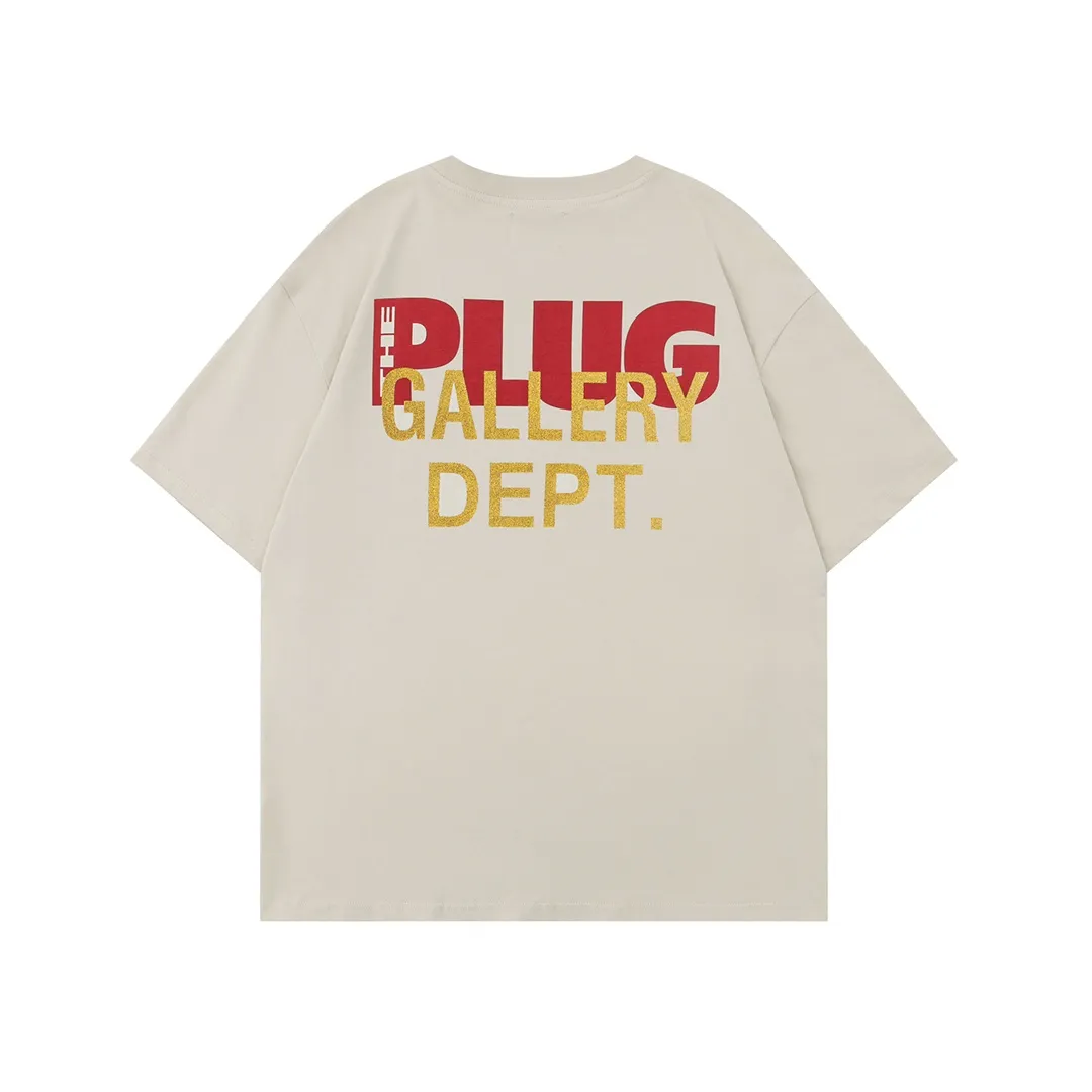 Model D107 Gallery dept European and American washed trendy brand printed high street T-shirts, same style for men and women, gilded letters on the back, after washing and shaping, it will not change shape and will not pill, comfortable and breathable, apricot S to XL, p106